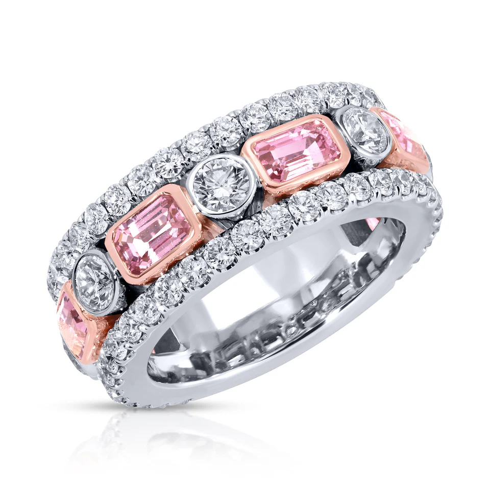 EMERALD CUT PINK SAPPHIRE AND ROUND DIAMOND BAND RING