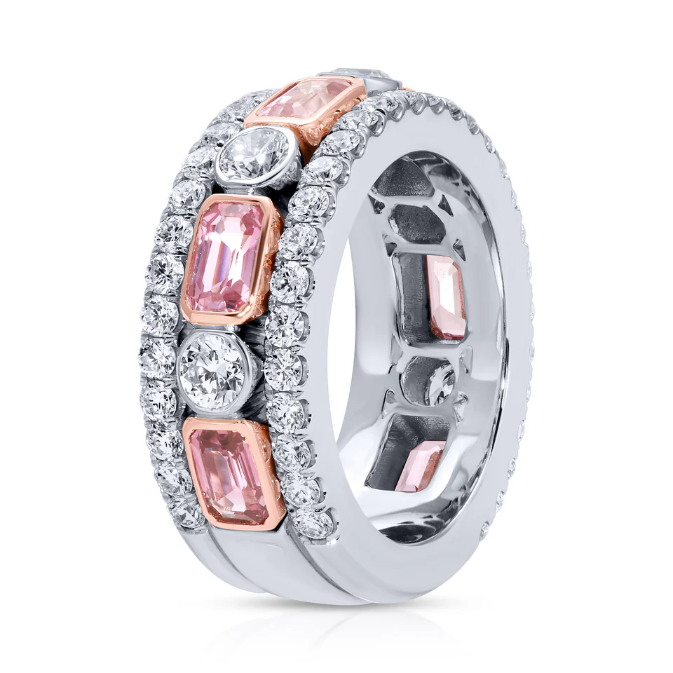 EMERALD CUT PINK SAPPHIRE AND ROUND DIAMOND BAND RING